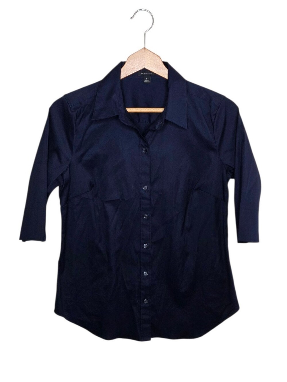Ann Taylor Dark Navy Blue Tailored Elbow Sleeve Button Front Shirt Size 6 Office